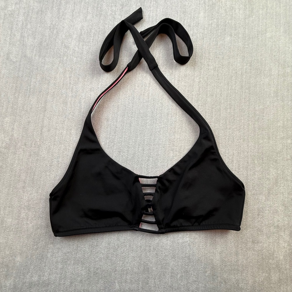 Victoria's Secret PINK Black Cage Front Halter Bikini Top Size M (A-C) Strappy